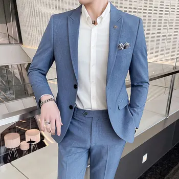 Модный мужской деловой комплект, серый, синий, приталенный, для жениха, свадебный комплект из 2 предметов, офисный комплект для официальной вечеринки (куртка + брюки)